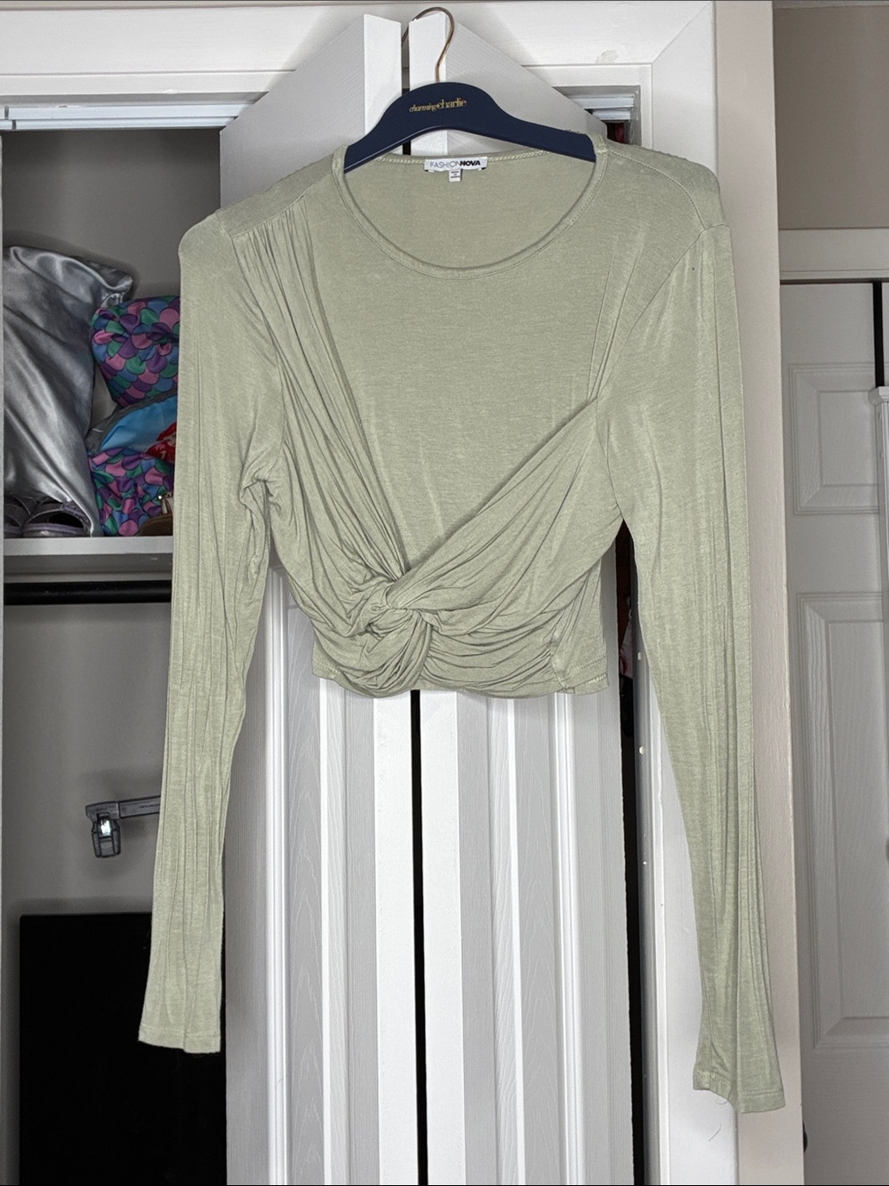 Fashion Nova Sage Green Twist Front Long Sleeve Crop Top